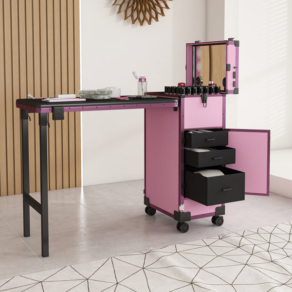 Portable Nail Art Table W/ LED Mirror, Bluetooth, Lockable Drawers, Telescopic Pole - Folding Manicure Station For Salon - image 5