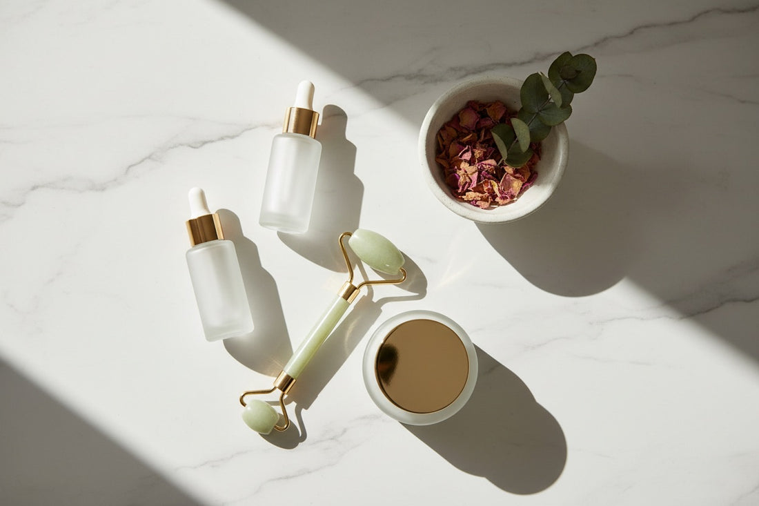 skincare routine guide 2026 — serums moisturizer SPF flat lay on marble