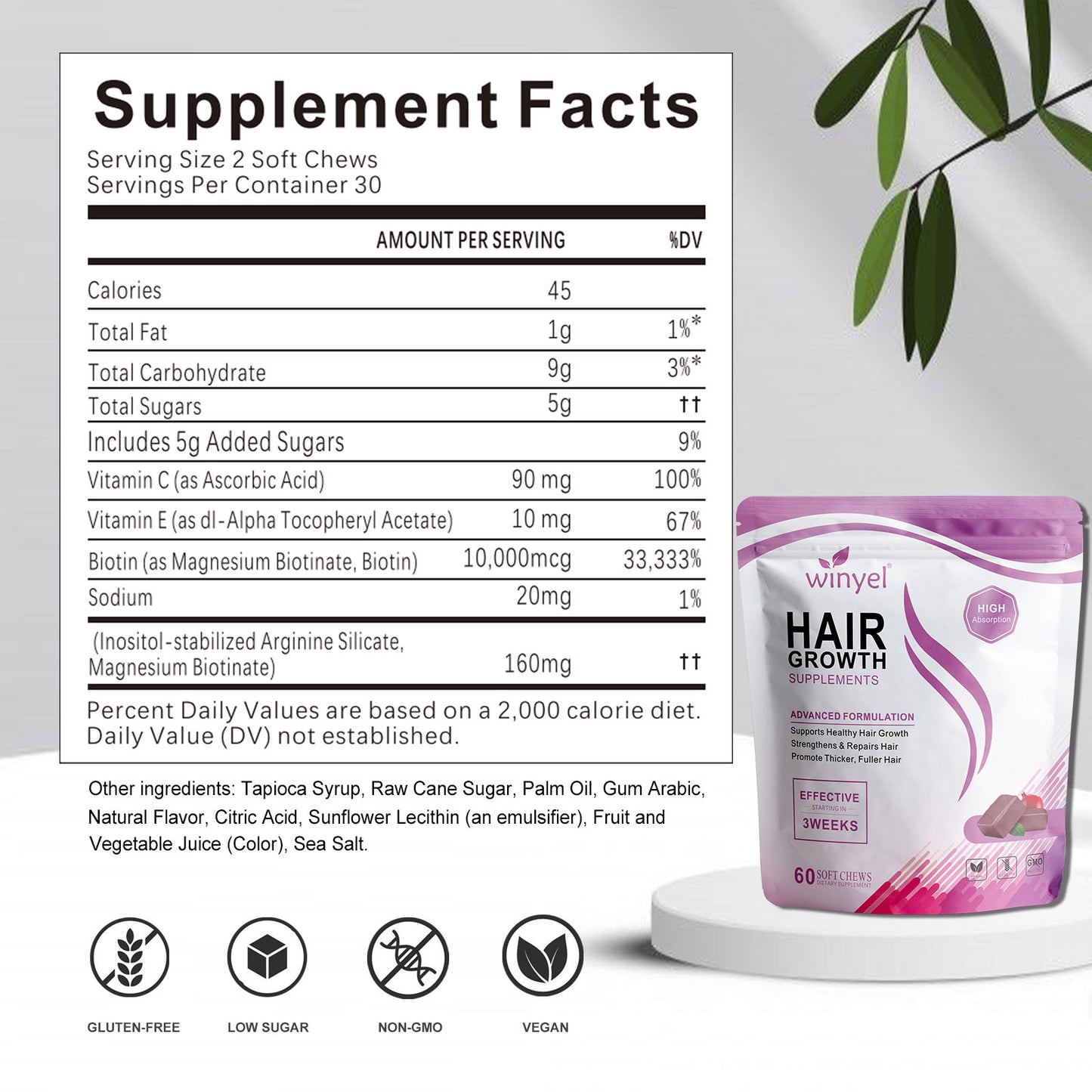 WINYEL Hair Growth Soft Chewables, Containing Hair Growth Vitamins For Men And Women, Biotin, To Help Create Thicker, Fu - image 4