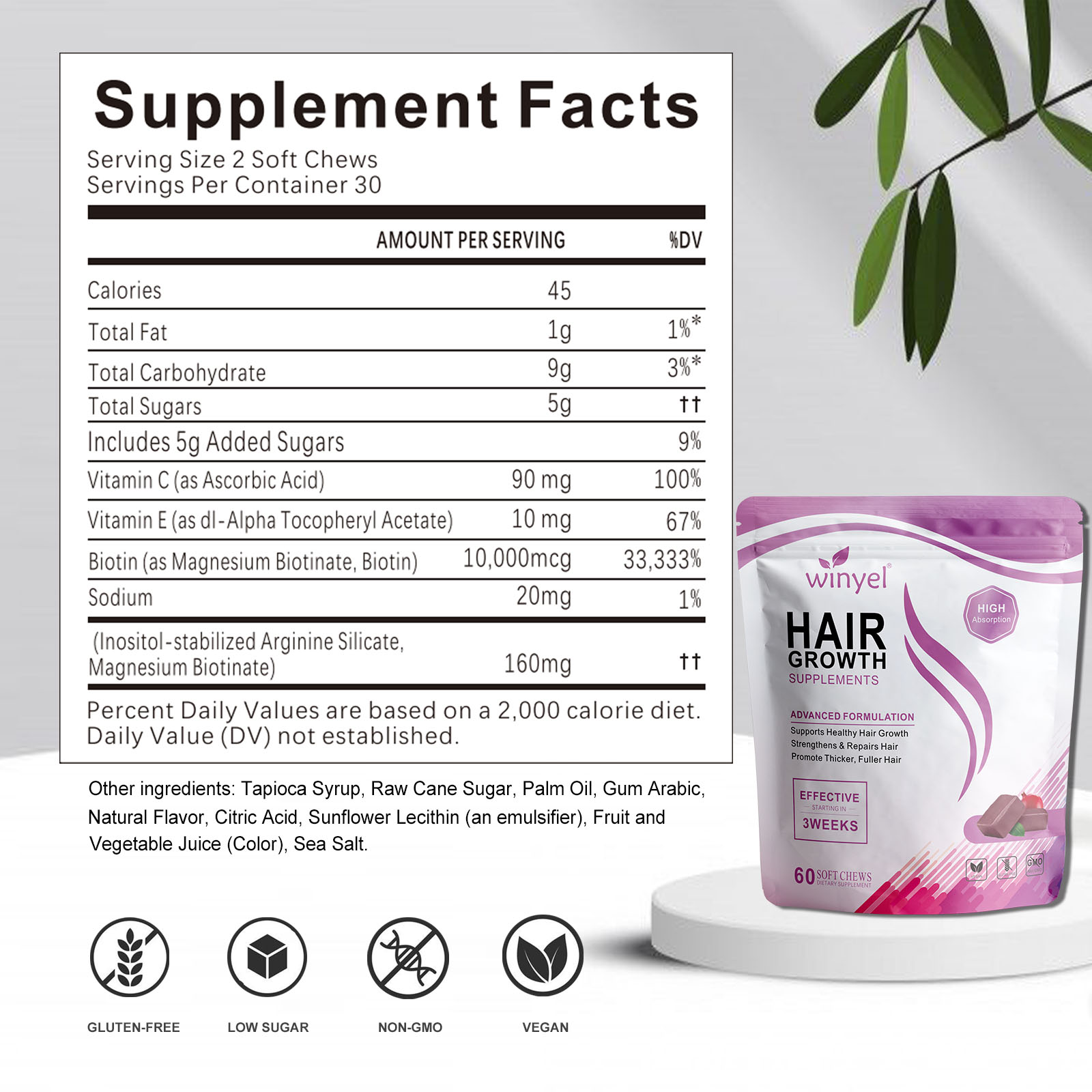 WINYEL Hair Growth Soft Chewables, Containing Hair Growth Vitamins For Men And Women, Biotin, To Help Create Thicker, Fu - image 4