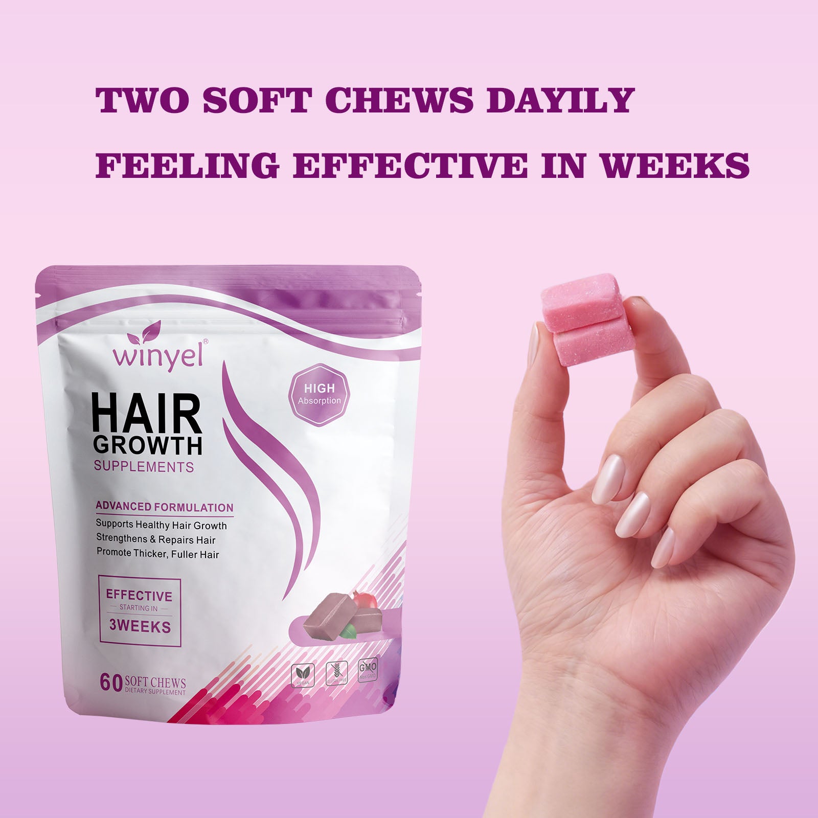 WINYEL Hair Growth Soft Chewables, Containing Hair Growth Vitamins For Men And Women, Biotin, To Help Create Thicker, Fu - image 6
