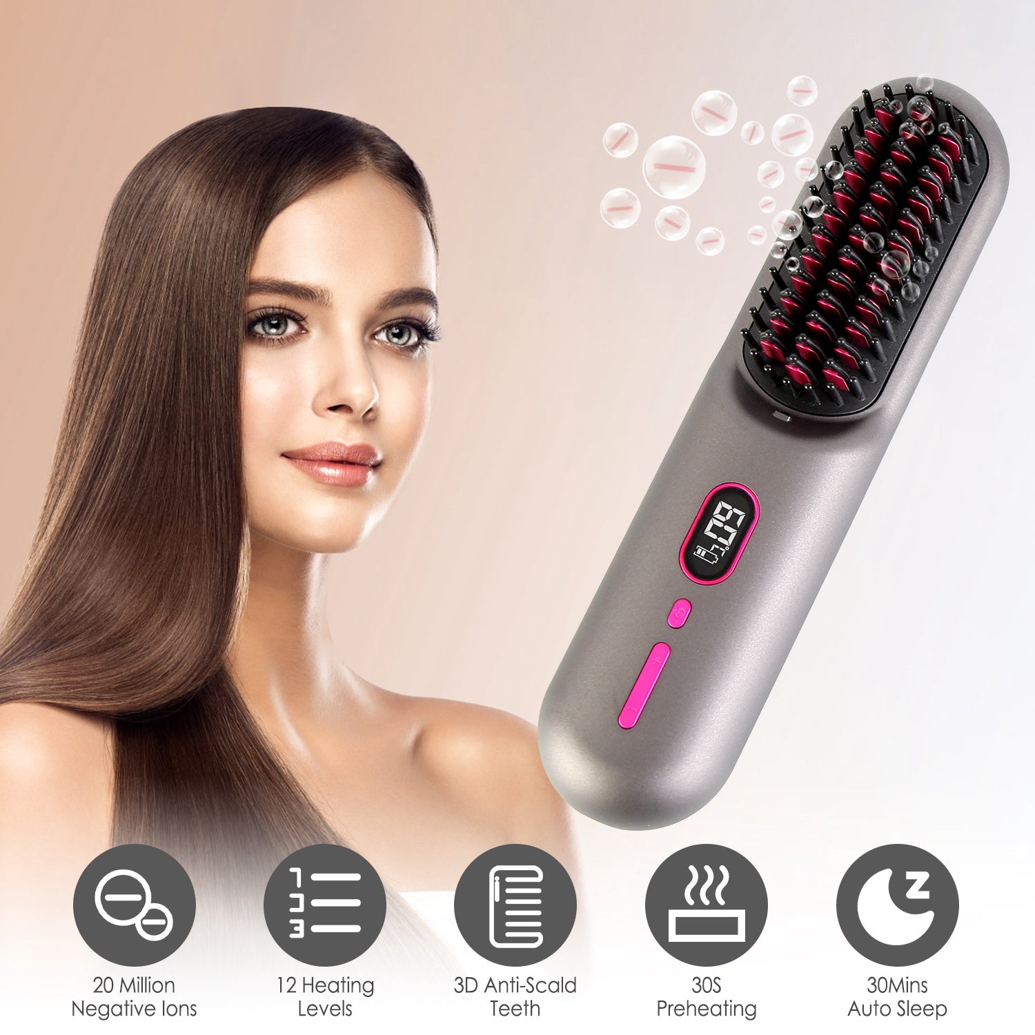 Grey-Black Options -- 1Pc Cordless Negative Ion Hair Straightener Brush Rechargeable Mini Styling Comb With 12 Heating L - image 10