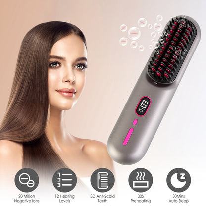 Grey-Black Options -- 1Pc Cordless Negative Ion Hair Straightener Brush Rechargeable Mini Styling Comb With 12 Heating L - image 10