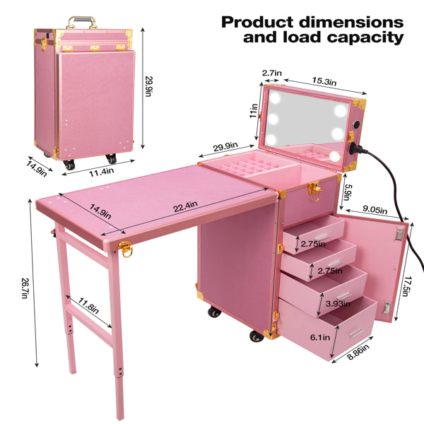 Portable Nail Table, Rolling Manicure Table W/3 Color Light And Speaker, Portable Nail Tech Desk, Foldable Nail Travel C - image 2