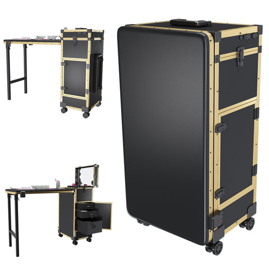 Portable Nail Art Table W/ LED Mirror, Bluetooth, Lockable Drawers, Telescopic Pole - Folding Manicu