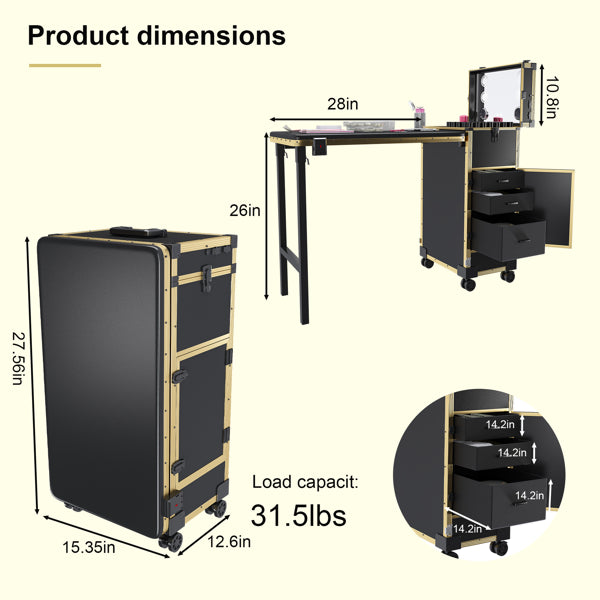Portable Nail Art Table W/ LED Mirror, Bluetooth, Lockable Drawers, Telescopic Pole - Folding Manicure Station For Salon - image 2