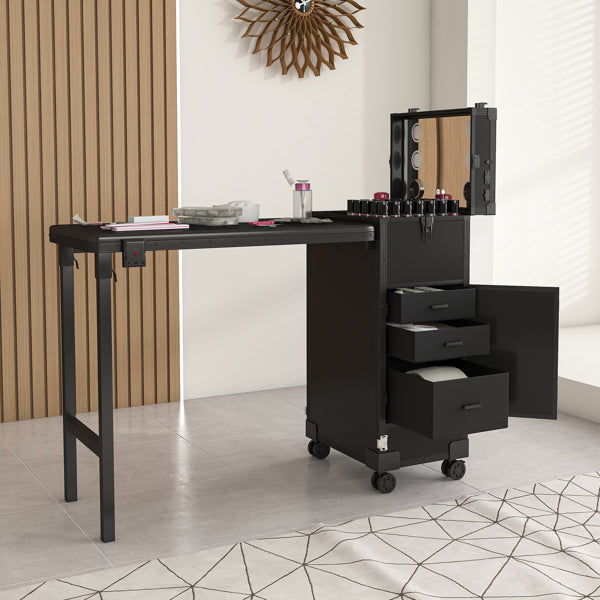 Portable Nail Art Table W/ LED Mirror, Bluetooth, Lockable Drawers, Telescopic Pole - Folding Manicure Station For Salon - image 2