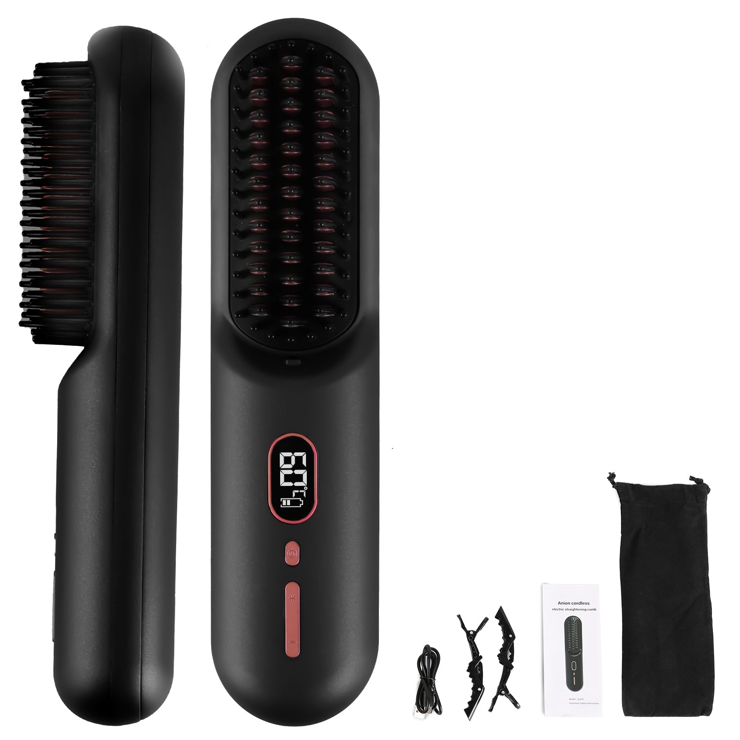 Grey-Black Options -- 1Pc Cordless Negative Ion Hair Straightener Brush Rechargeable Mini Styling Comb With 12 Heating L - image 4