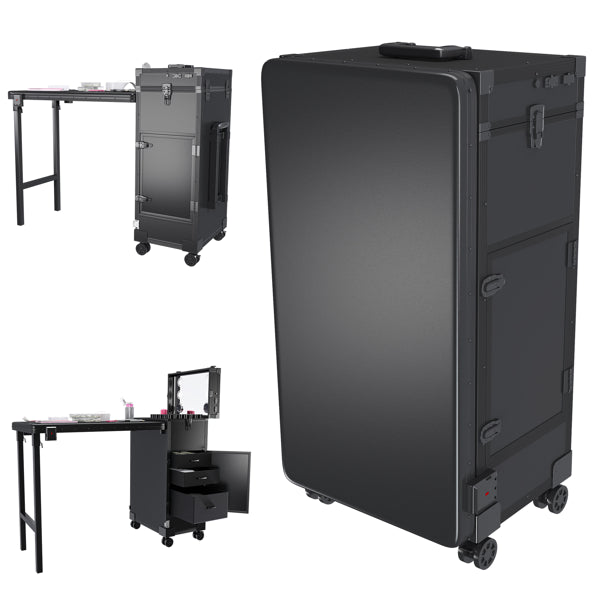 Portable Nail Art Table W/ LED Mirror, Bluetooth, Lockable Drawers, Telescopic Pole - Folding Manicu
