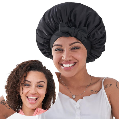 Black Silk Bonnet For Sleeping Women, Satin Hair Bonnet For Sleeping For Wavy Curly Natural Hair Wom