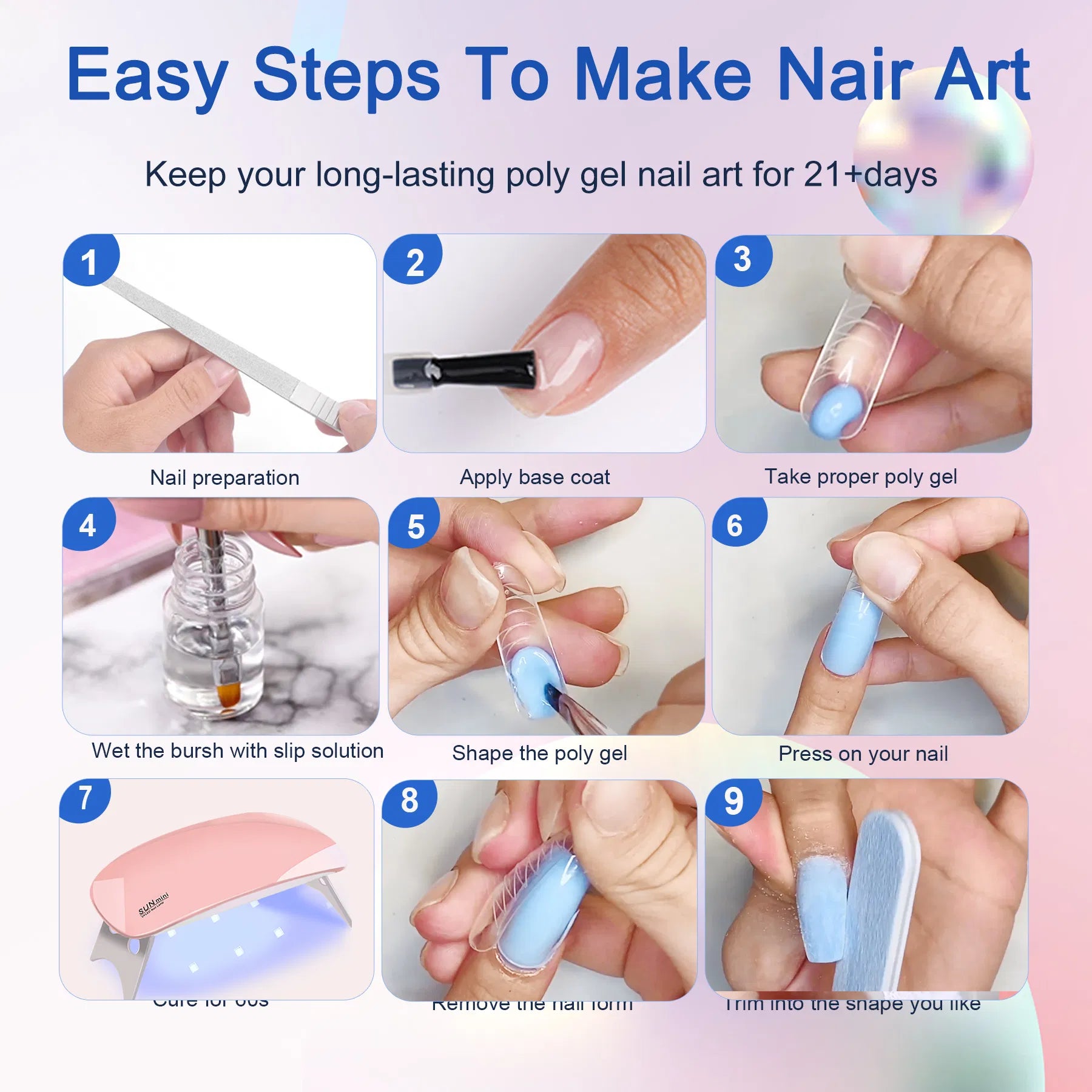 6 PCS Polygel Nail Kit With UV Nail Lamp, Slip Solution, Top Base Coat, Builder Nails Art Tools For Beginners - image 3