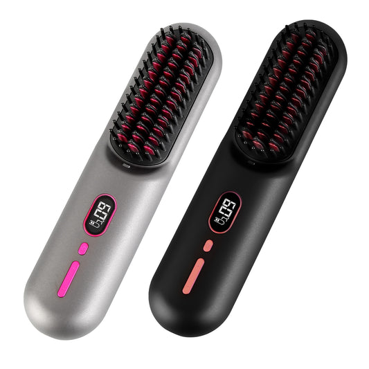 Grey-Black Options -- 1Pc Cordless Negative Ion Hair Straightener Brush Rechargeable Mini Styling Co