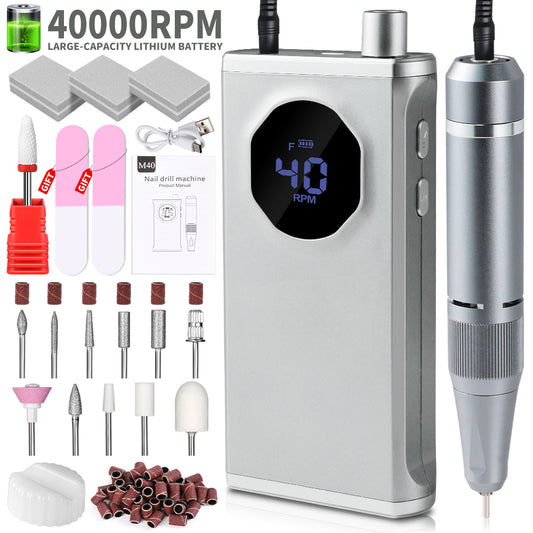 Professional Nail Drill, 40000RPM Electric Nail File For Acrylic Gel Nails Polishing Removing, Recha