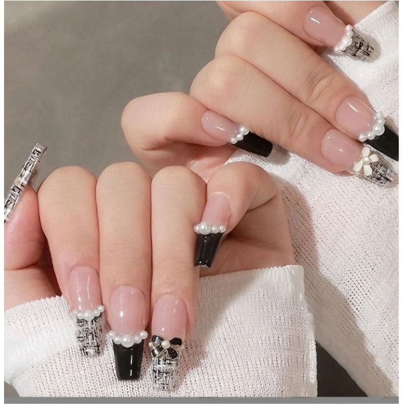 24 PCS Black And White CC Nail Art, Long Length Long Water Pipe Fake Nails,Square Head Nail Tips False Nail - image 3