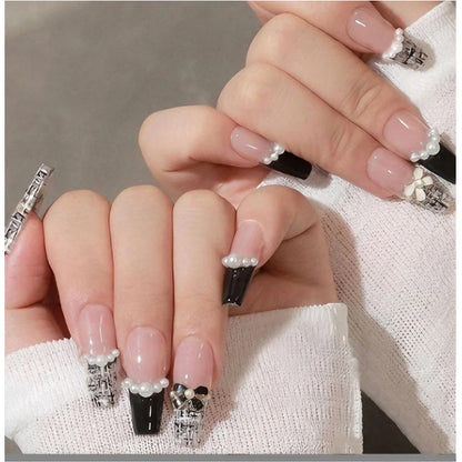 24 PCS Black And White CC Nail Art, Long Length Long Water Pipe Fake Nails,Square Head Nail Tips False Nail - image 3