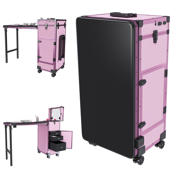 Portable Nail Art Table W/ LED Mirror, Bluetooth, Lockable Drawers, Telescopic Pole - Folding Manicu