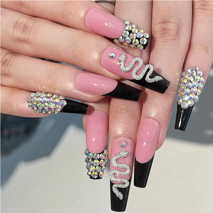 24 PCS Diamond Snake Nail Art, Long Length Long Water Pipe Fake Nails,Square Head Nail Tips False Na