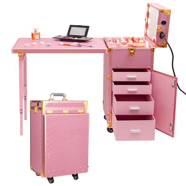 Portable Nail Table, Rolling Manicure Table W/3 Color Light And Speaker, Portable Nail Tech Desk, Fo