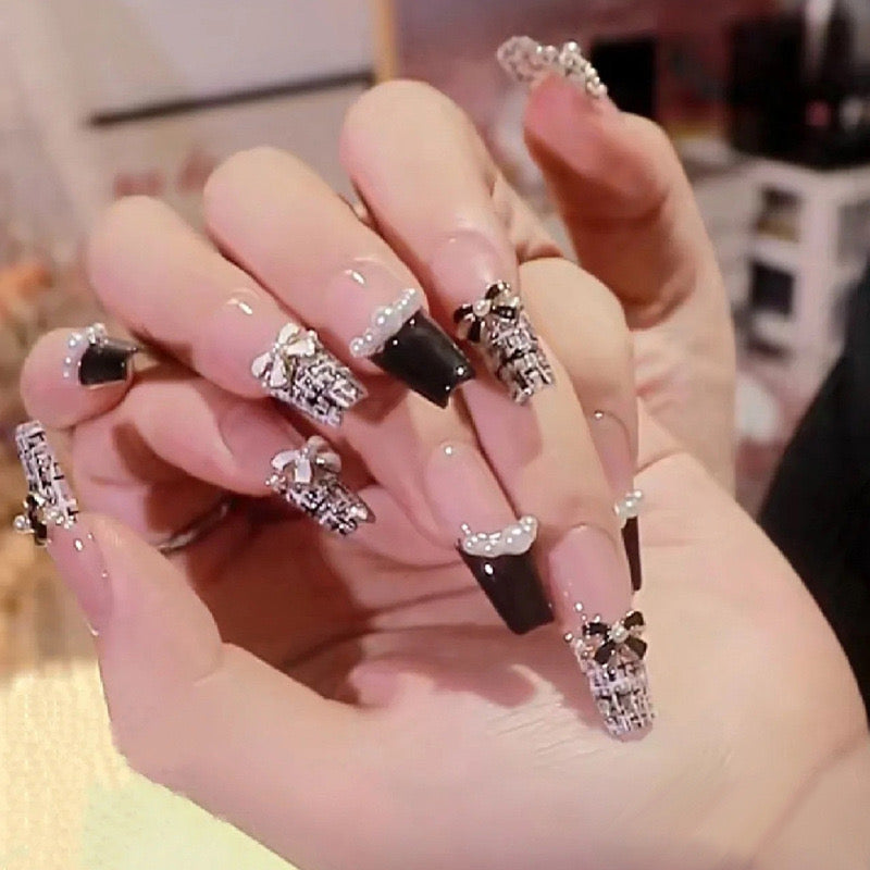 24 PCS Black And White CC Nail Art, Long Length Long Water Pipe Fake Nails,Square Head Nail Tips False Nail - image 7